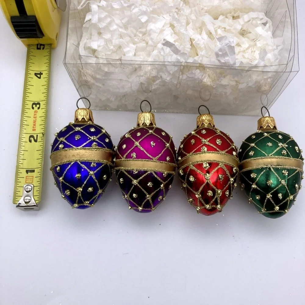 Vintage Set Of 4 Egg Shaped Hand Blown Glass Ornaments Made In Poland 2001